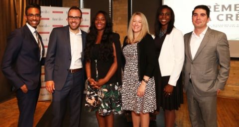 The six winners of the 2016 Precedent Setter Awards include Queen’s grads Jackie Swaisland (third right) and Peter Aprile (far right). (Photo courtesy of Precedent magazine)