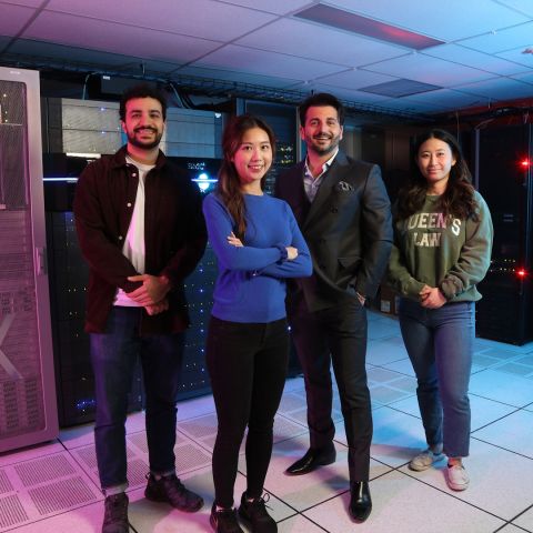 Law Professor Samuel Dahan (2nd right) with three of his 2022-23 Conflict Analytics Lab (CAL) students – Mohamed Afify, Law’24, and Ingrid Kao and Solinne, both Law’23. 