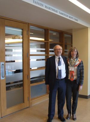 Steven Whitehead, Law’78, and Lynne Golding, Law’87, of Faskens outside the newly upgraded Fasken Martineau DuMoulin Moot Court Room on Jan. 20.
