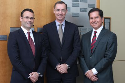 Dean Bill Flanagan (middle) in Macdonald Hall with David Sharpe, Law '95, Chair of the First Nations University of Canada and COO and CCO of Bridging Finance Inc., and Blaine Favel, Law '90, Chancellor of the University of Saskatchewan and Executive Chairman of Calgary's One Earth Oil & Gas Inc.