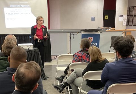 Justice Alison Harvison Young of the Court of Appeal for Ontario presents “Legal Ethics and the AI Revolution” to an audience of Queen’s Law community members in person in the student lounge and online. 