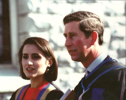 October 28, 1991: Rector Antoinette Mongillo, Law’92, and Prince Charles engaged in conversation as she guides him on a campus walkabout after the Convocation at which he received an honorary doctorate.    
