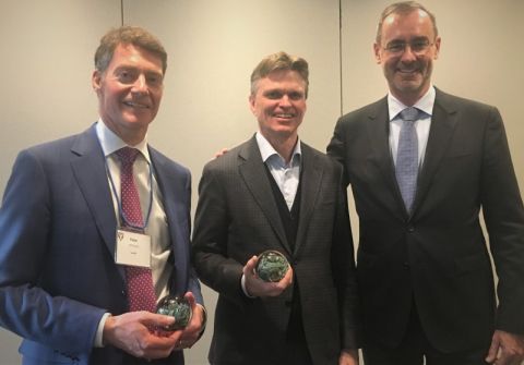 Peter Johnson, Law’89, and Stuart O’Connor, Law’86, accept the Corry Award from Dean Bill Flanagan. The award recognizes their efforts as co-chairs of the Queen’s Law Alberta Alumni Council, a group responsible for leading their province’s support, vision and philanthropic efforts in support of Queen’s Law.