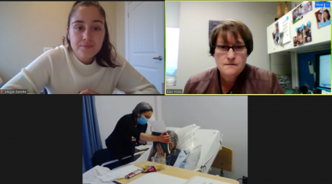 Fall 2020: Queen’s Elder Law Clinic student caseworker Megan Zanette, Law’22, and Director Blair Hicks participate via Microsoft Teams in a meeting with an elderly client in palliative care for the remote execution of a document amid the pandemic. 
