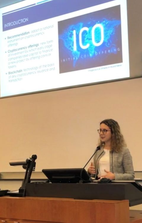 Catherine Rousseau, LLM candidate at Queen’s Law, presents her paper on how and why Canada should modernize its securities law framework to appropriately address initial coin and initial token offerings at the Innovation in Law & Policy Conference in Vancouver. 