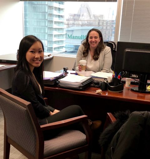 Rachel Hung, Law’21, with her Shadow Program host, Sarah Spitz, Law’17, in Toronto’s Rayman Beitchman LLP, where Hung learned what it’s like to practice in a boutique firm. “Because of the relationship and conversations I had with Sarah, I now see her as a mentor who I can reach out to any time and who will always be happy to help.” 