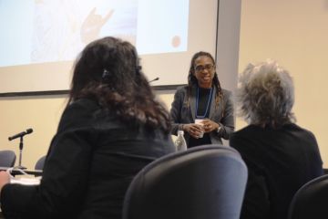 Professor Angela Harris, University of California (Davis) Law takes a question from the audience during her keynote address on ‘The Color of Farming: Food and the Reproduction of Race” at this year’s FLSQ conference celebrating International Women’s Day on March 8. 