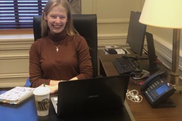 Lena MacNicholas, Law’21, works part-time from her home office as a student member of the virtual Family Justice Clinic, where family law practitioners supervise students in delivering services to low-income self-represented litigants. 