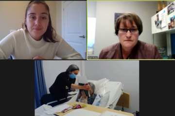 Fall 2020: Queen’s Elder Law Clinic student caseworker Megan Zanette, Law’22, and Director Blair Hicks participate via Microsoft Teams in a meeting with an elderly client in palliative care for the remote execution of a document amid the pandemic. 