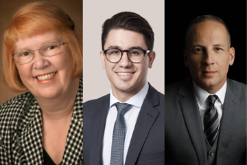 Winners of 2019 Canadian Bar Association awards Daphne Dumont, CM, QC, Law’79, a pioneering woman lawyer; Giancarlo Mignardi, Law’19, a young administrative law scholar; and Michael Battista Law’90, a certified specialist in immigration law. 