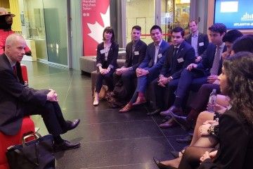 Stéphane Dion, Canada’s Ambassador to Germany, meets with Darian Doblej, Law’21 (4th left), and other student delegates to discuss challenges and opportunities of diplomacy in modern times. 