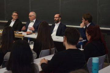 Assistant Dean Phillip Drew, Law’00, LLM’12, BGEN (Retired) Ken Watkin, Law’80, LLM’90, and Professor Noah Weisbord, on a panel moderated by Professor Nicolas Lamp, discuss whether the U.S. military’s targeted killing of General Soleimani was an act of war, aggression or self-defence. 
