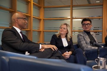 Law’93 panelists Frank Walwyn, Emily Steed and Jin Choi discuss how Queen’s Law students can leverage their degrees to achieve success in a variety of careers. (Photo by Greg Black)