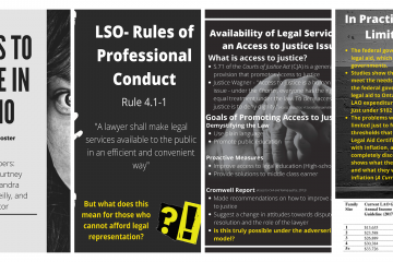 For an e-learning project in Professor Mary-Jo Maur’s Legal Ethics course, students demonstrated their knowledge by producing e-posters like this one about access to justice in Ontario. “I was particularly struck by submissions that not only presented first-rate content but are also visually engaging,” she says. 