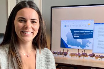 Shira Crawley, Law’21, shown in her Ottawa home with officemate Stella, interns remotely with the Ottawa-based National Association of Friendship Centres to prioritize recommendations having a greater and positive impact on the lives of Indigenous people within the Canadian justice system. 