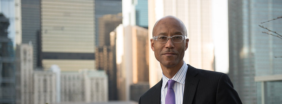 Frank Walwyn, Law'93, on top of the world -- and the WierFoulds building -- for a 2016 photoshoot in Queen's Law Reports.