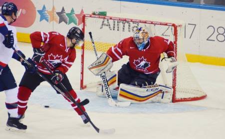 Team Canada goaltender Kevin Bailie in action against Slovakia during a Winter Universiade game the Canucks won 5–3.