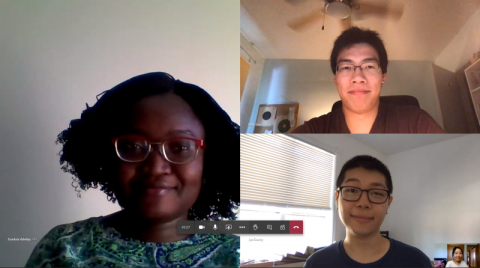 Meeting weekly to discuss current case files via Microsoft Teams are Queen’s Business Law Clinic team members: QBLC Director Tomilola Adebiyi (left); and student caseworkers Felix Suen (top right), Jye Duong (bottom right), Sheila Gu (inset, bottom right). Meeting weekly to discuss current case files via Microsoft Teams are Queen’s Business Law Clinic team members: QBLC Director Tomilola Adebiyi (left); and student caseworkers Felix Suen (top right), Jye Duong (bottom right), Sheila Gu (inset, bottom right).