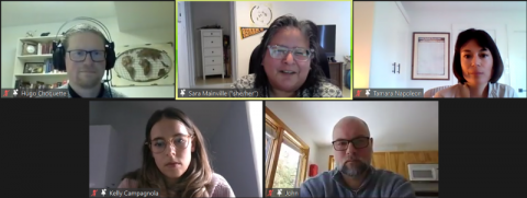 Discussing views of the legal profession and the role of Indigenous law and legal reconciliation are: (top row) moderator Hugo Choquette, Law’05, LLM’10, PhD’17; and panelists Sara Mainville, Law’04; Tamara Napoleon; (bottom row) Kelly Campagnola; and John Rowinski, Law’00. Discussing views of the legal profession and the role of Indigenous law and legal reconciliation are: (top row) moderator Hugo Choquette, Law’05, LLM’10, PhD’17; and panelists Sara Mainville, Law’04; Tamara Napoleon; (bottom row) Kelly Campagnola; and John Rowinski, Law’00.