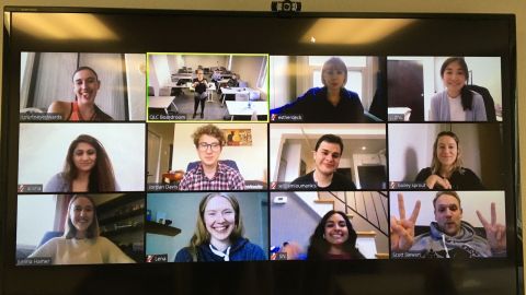 The Queen's Family Law Clinic goes virtual, with Clinic director Karla McGrath and staffer Derek Cannon (middle top) leading a classroom session with students checking in remotely. The Clinics are working to support clients while still following best practices re. COVID. The Queen's Family Law Clinic goes virtual, with Clinic director Karla McGrath and staffer Derek Cannon (middle top) leading a classroom session with students checking in remotely. The Clinics are working to support clients while still following best practices re. COVID.