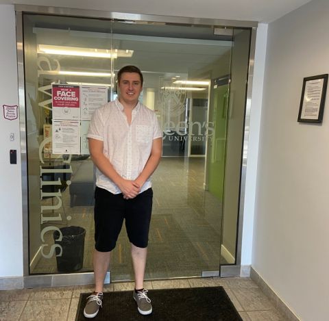 QPLC summer student caseworker Isaac Brownlee, Law’21, pops into the Queen’s Law Clinics office in downtown Kingston, where he is able to check on a client file while practising safe physical distancing protocols. QPLC summer student caseworker Isaac Brownlee, Law’21, pops into the Queen’s Law Clinics office in downtown Kingston, where he is able to check on a client file while practising safe physical distancing protocols.