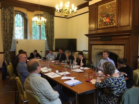 June 2019: Professor Green (2nd left) and other scholars from Queen’s and Oxford discuss a range of topics from “Authentic Interpretation” to “Law and the Socialist Ideal” and “Justifying the Right of Return” at a collaborative workshop held on the campus of St. John’s College, Oxford.