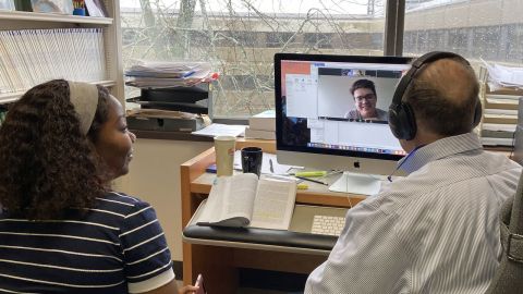 Nick Bala, Law'77, trials remote teaching with Zoom conferencing software, supported by IT staff member Theresa Afolayan with student Zach Rudge among the students online on March 14. Nick Bala, Law'77, trials remote teaching with Zoom conferencing software, supported by IT staff member Theresa Afolayan with student Zach Rudge among the students online on March 14.