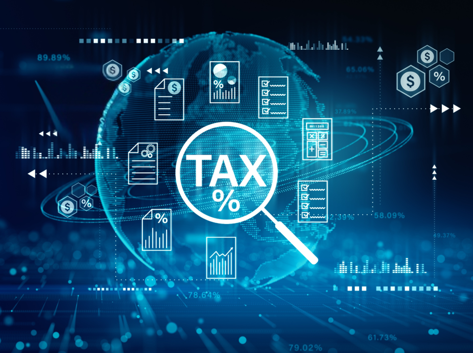Stock photo of a modern digital tax analysis interface with global data network