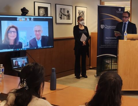 U.S. Law lecture series benefactors Stephen Marcus, Law’77, and Renee Matalon join Queen’s Law students and faculty via Zoom as Associate Dean Mohamed Khimji introduces Professor Serena Mayeri. (Photo by Natalie Moniz-Henne)