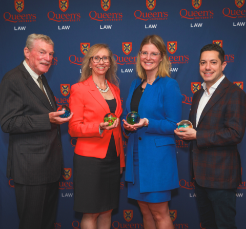 Recipients of the 2025 Queen’s Law alumni awards: the Honourable J. David Wake, KC, Law’72, Christina Ackermann, Law’89, Kaisha Thompson, Law’16, and Daniel Brown, Law’04. (Photo by Greg Black Photography) Recipients of the 2025 Queen’s Law alumni awards: the Honourable J. David Wake, KC, Law’72, Christina Ackermann, Law’89, Kaisha Thompson, Law’16, and Daniel Brown, Law’04. (Photo by Greg Black Photography)