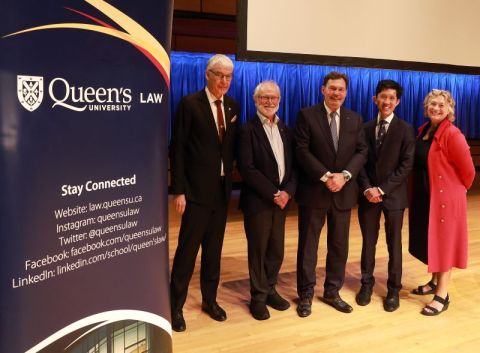 Following the fireside chat with Chief Justice Richard Wagner and Professor Preston Lim pose with (left to right) Queen’s Provost Matthew Evans, Principal Patrick Deane, and Dean Colleen M. Flood. (Photo by Bernard Clark)