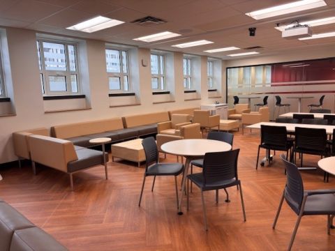 Renovations to the Mary Alice Murray Student Lounge include new flooring, furniture, audiovisual equipment, and other enhancements designed to support student gathering, study, and community. (Photo by Stephanie Wardman)