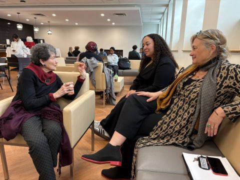 Geraldine Tepper, Law’60, the lifelong friend and classmate of Mary Alice Murray, chats with Law Students’ Society President Gabriella Zappulla, Law’27, and Dean Colleen M. Flood at the reopening of the student lounge named in Murray’s honour. (Photo by Lisa Graham)