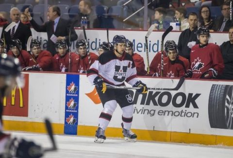 U SPORTS All-Star defenceman Spencer Abraham, Law’20, in action during a game against the Canada’s World Junior hopefuls at the Meridian Centre in St. Catharines on December 14. (Photo by Natasa Djermanovic)