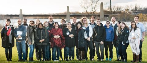 Assistant Dean Heather Cole, Law’96 (far left), and Kayla Stephenson, Law’18 (2nd right), with the Queen’s group on location in Akwesasne Mohawk Territory. (Photo by Andrew Van Overbeke)