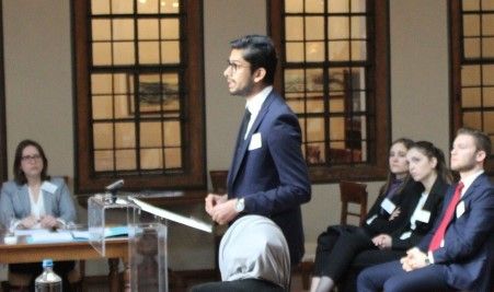 Azeem Manghat, Law’18, responds to a judge’s question at the 2017 EUROPA Moot in Kavala, Greece.