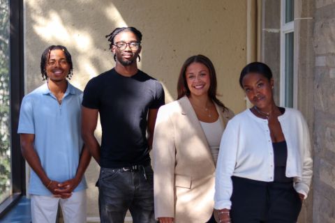 Black Future Lawyers co-founders Kasai Major-Browne and Emmanuel Adjepong-Akosah, both Artsci’26, meet with Black Law Students’ Association co-presidents Madison Shearer and Ryyan Elgalal, both Law’26, on campus.