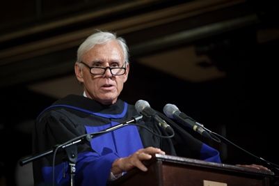 Don Bayne, Law’69, LLD’17, delivers his Convocation address to new Queen’s Law graduates in Grant Hall. (Photo by Greg Black)