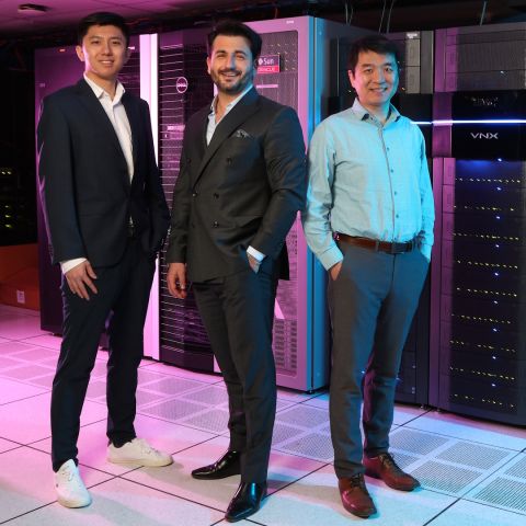 Law Professor Samuel Dahan (middle) with two of his three multidisciplinary co-founders of the new generative AI system called OpenJustice: David Liang, Law’21, (Smith School’s Program Manager of Analytics and AI Ecosystem); and Computer Engineering Professor Xiaodan Zhu. Not shown: Rohan Bhambhoria (PhD candidate in computer engineering). (Photo by Bernard Clark)