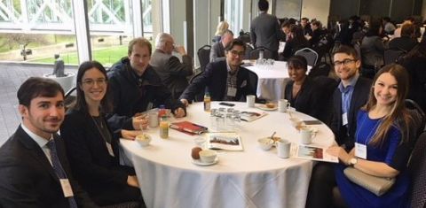 Beth Burnstein, Law’20 (far right), and fellow Queen’s Law students during a snack break at the CCIL conference in Ottawa on November 3.