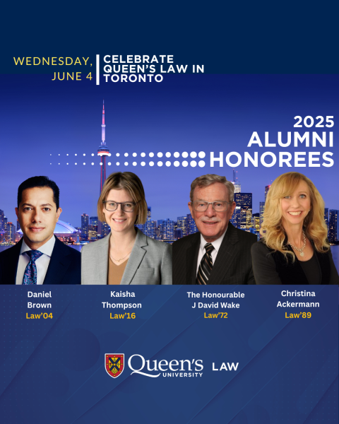 Winners of the 2025 Queen’s Law alumni awards – Daniel Brown, Law’04, Kaisha Thompson, Law’16, J. David Wake, KC, Law’72, and Christina Ackermann, Law’89 – will receive their trophies at Celebrate Queen’s Law in Toronto on June 4. Winners of the 2025 Queen’s Law alumni awards – Daniel Brown, Law’04, Kaisha Thompson, Law’16, J. David Wake, KC, Law’72, and Christina Ackermann, Law’89 – will receive their trophies at Celebrate Queen’s Law in Toronto on June 4.