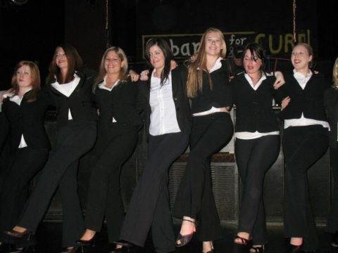 The first ever Cabaret for a Cure opened in 2008 with Queen’s Law Cancer Society co-presidents Lucy Wells (middle) and Elle Morris (2nd right), both Law’08, and classmates dancing to Welcome to the Cabaret.  