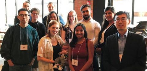 Kevin Guenther, Law’12 (back row, left), Brianna Guenther, Law’12 (front row, 2nd left) with baby Bennett, and Larry Wu, Law’13 (front row, right), met members of Law’20 at a welcome reception in Calgary on August 2.