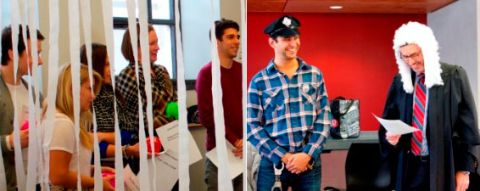 Photos by Julia Lim. Jailbirds (left photo) and bailiff Noah Leszcz, Law’15 (right photo), listen as “Judge” Bill Flanagan reads the charges at the annual Jail & Bail charity fundraiser.