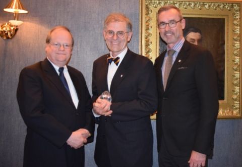 The Honourable Thomas Cromwell, Law’76, LLD’10, award winner Justice Mark Peacock, Law’74, and Dean Bill Flanagan, at an alumni reception on April 24 in Montreal’s Palais de justice.(Photo by Viki Andrevska)
