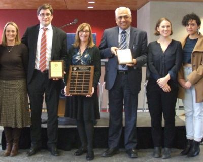 Associate Dean Cherie Metcalf, Professor Nicolas Lamp, Jane Corbett (widow of teaching award honoree Stan Corbett), Dhaman Kissoon, LSS President Meagan Berlin, Law’16, and LSS VP (Academic) Sheida Rezapour, Law’16.