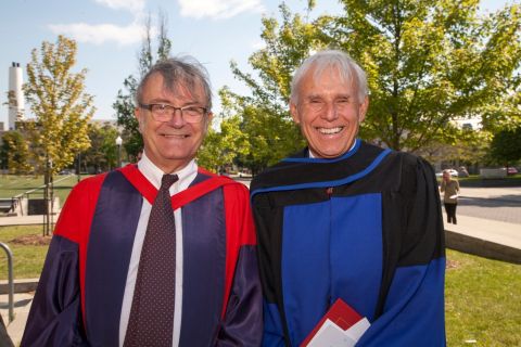 Two criminal law giants reunite as Professor Don Stuart congratulates Don Bayne, Law’69, for receiving an Honorary Doctorate of Laws at Spring Convocation 2017.  