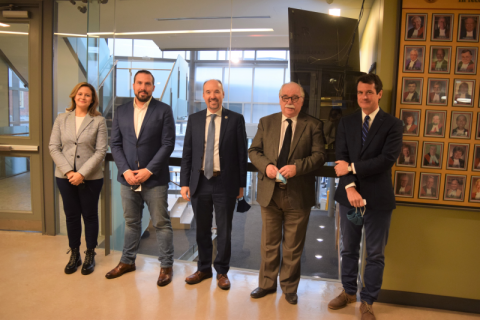 Colby Pereira, MPP Ian Arthur, Mayor Bryan Paterson, Gregory Tardi, and Dean Mark Walters in the Law Building before the Election Law class. 