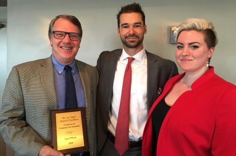 The Frontenac Law Association’s new president Warren WhiteKnight, Law’13 (middle), and 2018 award winners Alan Whyte, Law’79, and Rachel Law, Law’18, are all deeply committed to the legal profession in Kingston and legal education at Queen’s Law.