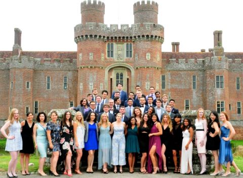 Students, faculty and staff in front of Herstmonceux Castle during the final banquet for the 2017 International Law Programs. (Photo by Matt Hunt)